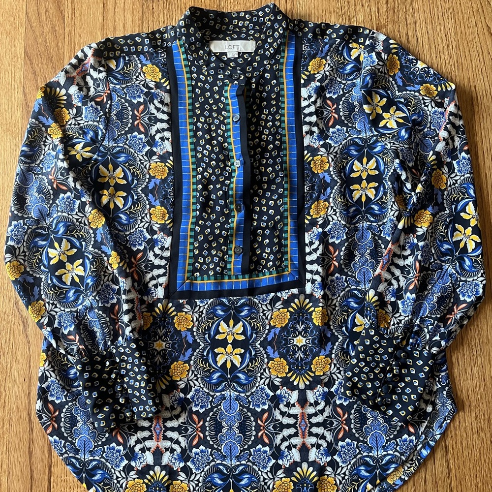 LOFT Blue and Yellow Floral Button Down Shirt